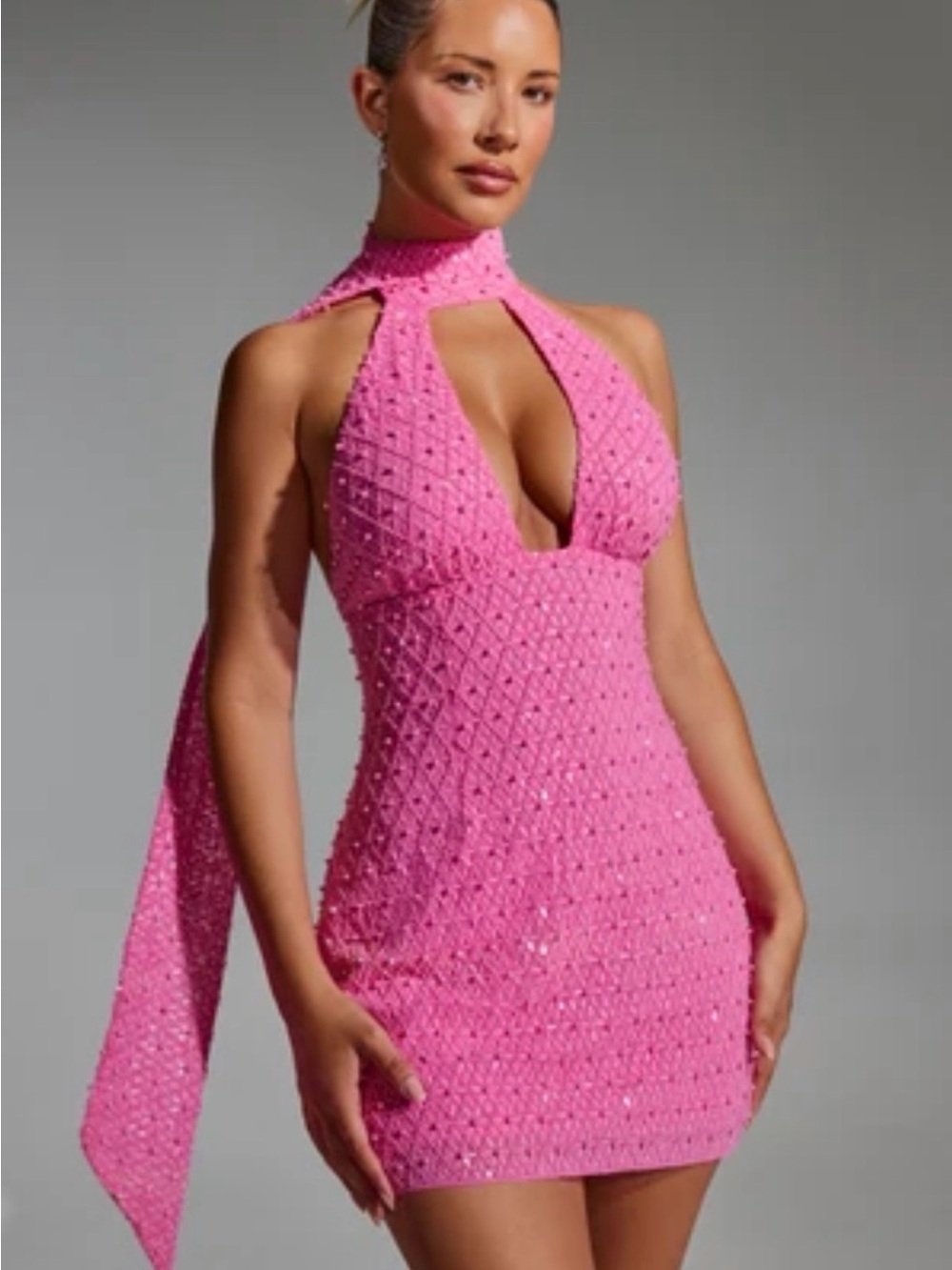 Oh Polly Pink Beaded Halter Mini Dress